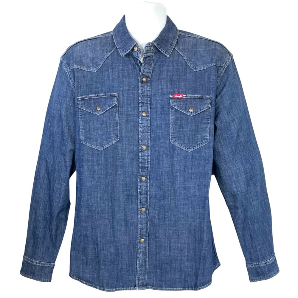Wrangler Slim Fit Western Denim Shirt Blue Pearl Snap Stretch NWT Mens‎